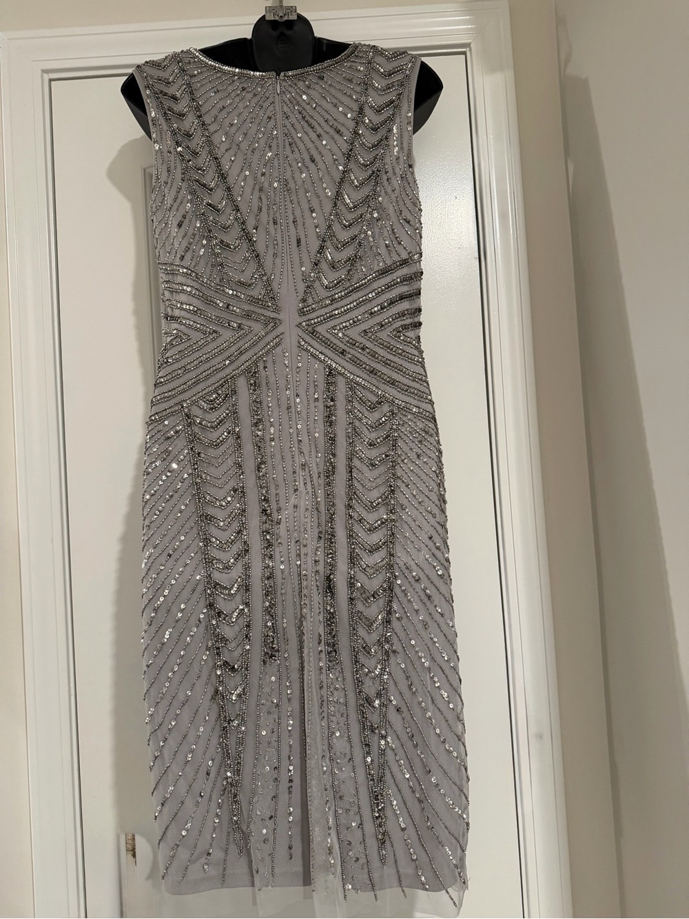 Adrianna Papell Silver Beaded Sleeveless Midi Dress